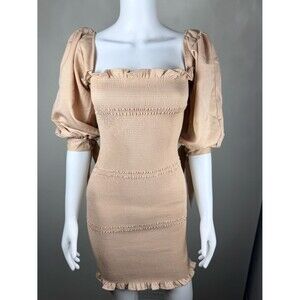 HYFVE Beige Smocked Mini Dress Puff Sleeve Tie Shoulder Small